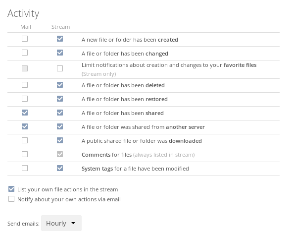 Configure activity settings in ownCloud’s WebUI.