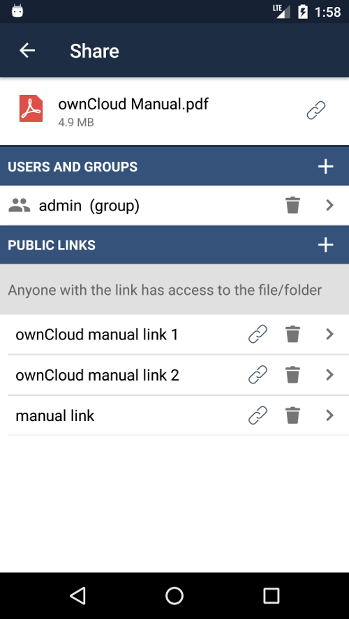 ownCloud Android App: File and folder share settings