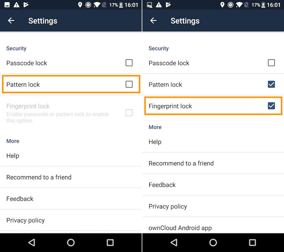 Enable or disable the Fingerprint and Pattern Lock in the ownCloud Android app.