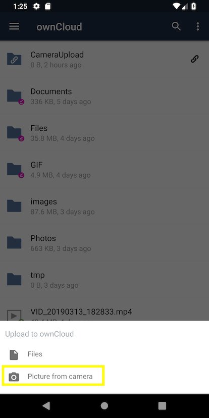 Uploading pictures directly from the camera in the ownCloud Android app - step 2