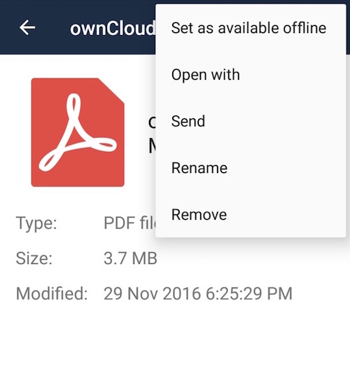 ownCloud Android App: File list overflow menu