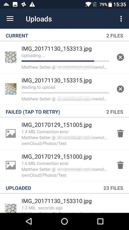 ownCloud Android app — Current Uploads view