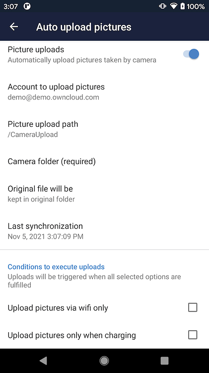 ownCloud Android App settings - picture and video upload configuration