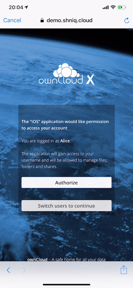 Authorize a user account against an ownCloud server with the ownCloud iOS App.