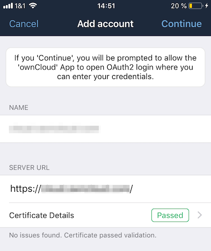 Authenticate a user account using OAuth2 in the ownCloud iOS App.