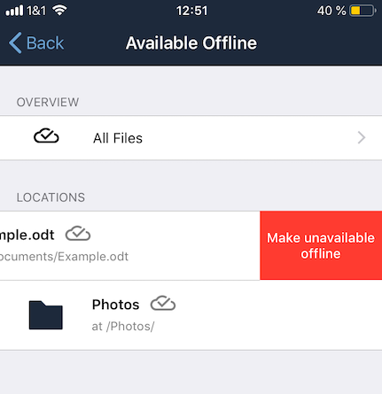 Make an item unavailable offline by swiping left from the Available Offline Locations list in the ownCloud iOS app