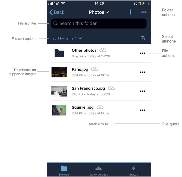 Overview of the ownCloud iOS App’s files view.