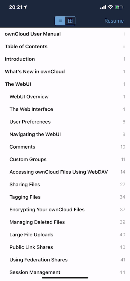 Table of contents in PDF files in the ownCloud iOS App