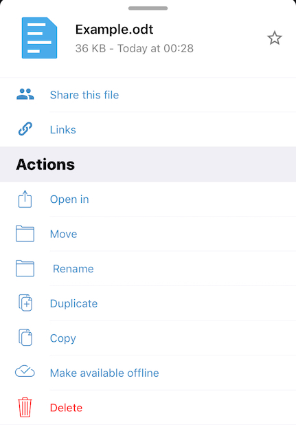 File actions dialog for individual files in ownCloud’s iOS App.