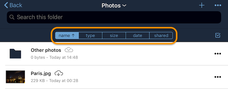 Sorting files and folders in landscape mode