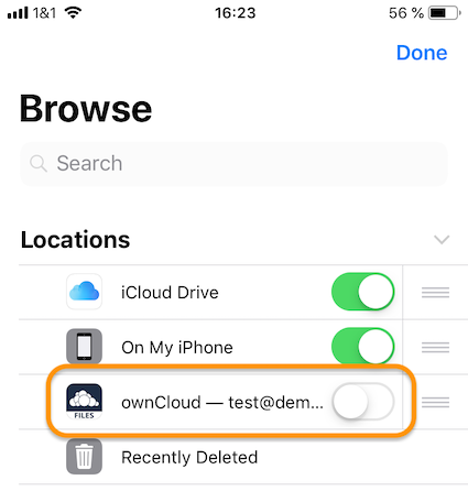 Enable the ownCloud app as an iOS Files app location