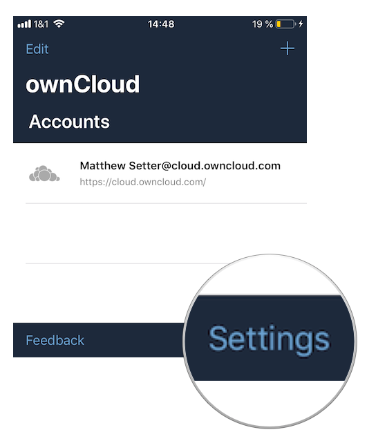 Accessing settings in ownCloud’s iOS App for iPhone and iPad.