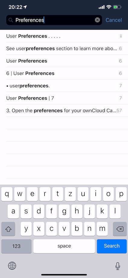 File search in PDF files in the ownCloud iOS App