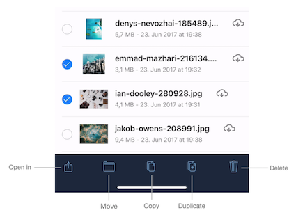 File actions dialog for multiple-selected files in ownCloud’s iOS App.