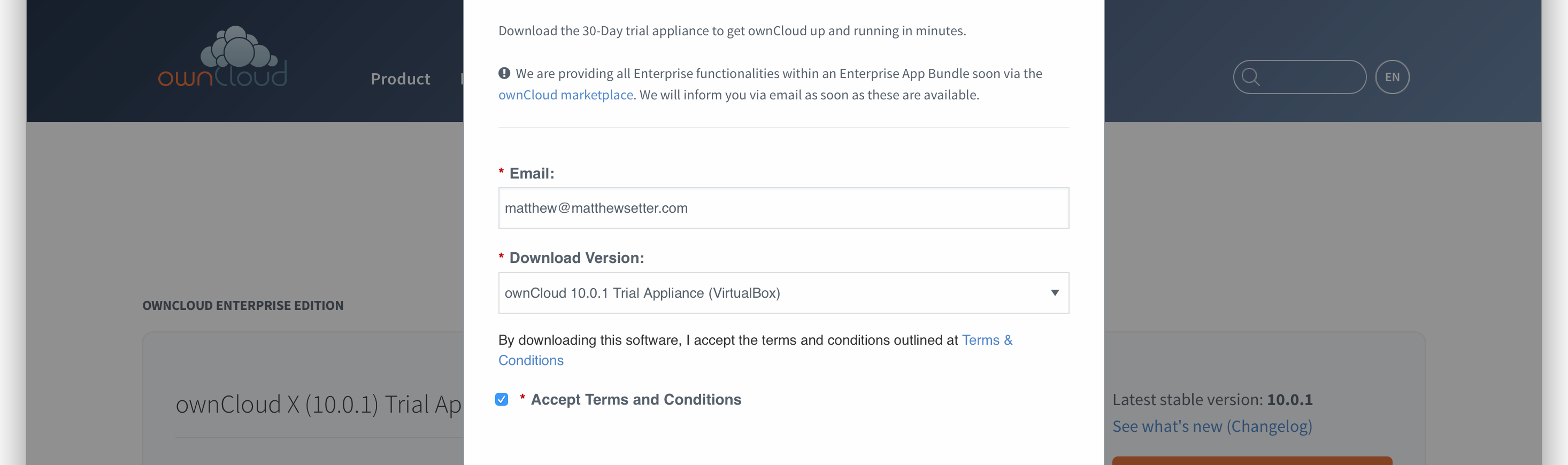 The ownCloud X Trial Appliance download form.