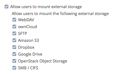Checkboxes to allow users to mount external storage services.