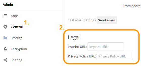 Configuring Imprint and Privacy Policy URLs in the ownCloud Web UI.