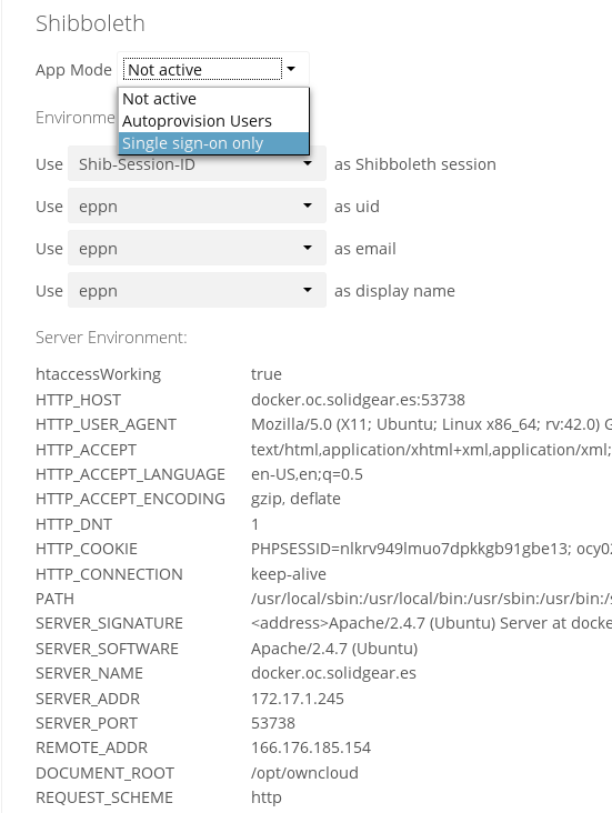 figure 1: Enabling Shibboleth on the ownCloud Admin page