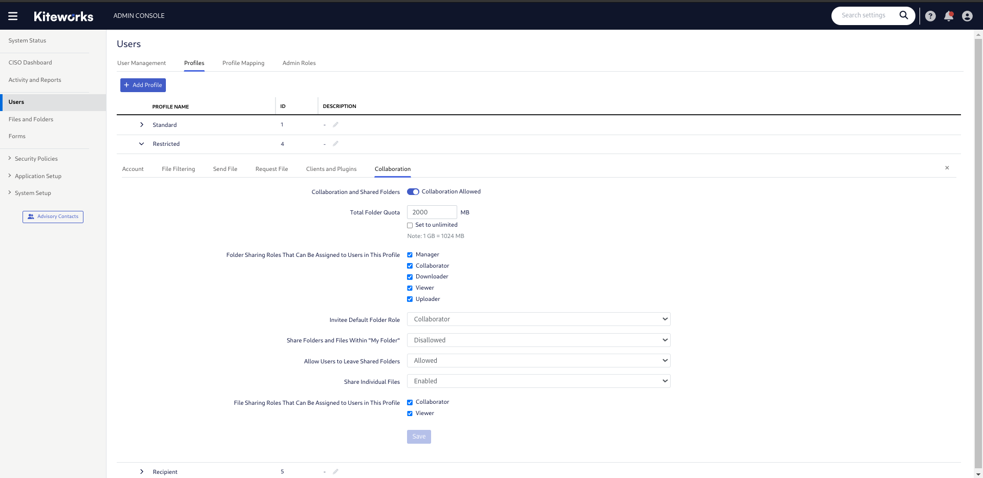 Kiteworks File Sharing Roles That Can Be Assigned to Users in This Profile