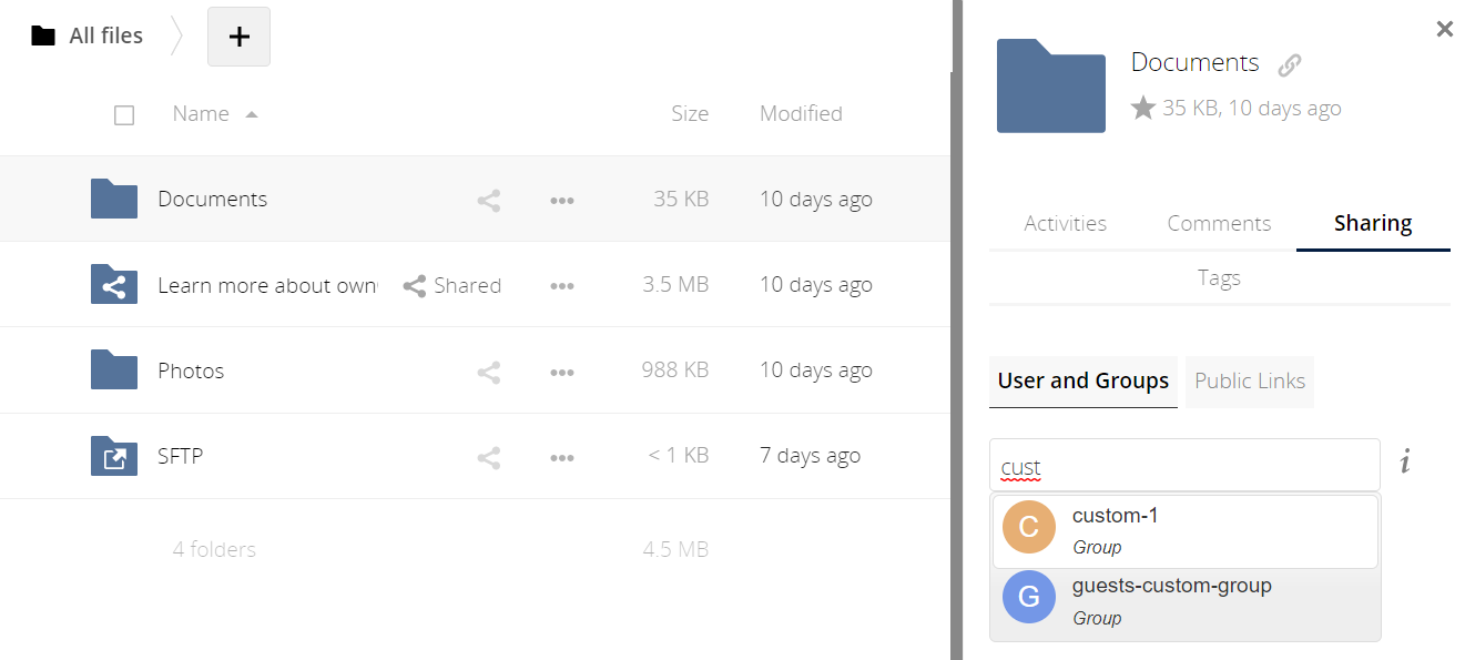Sharing files and folders with custom groups