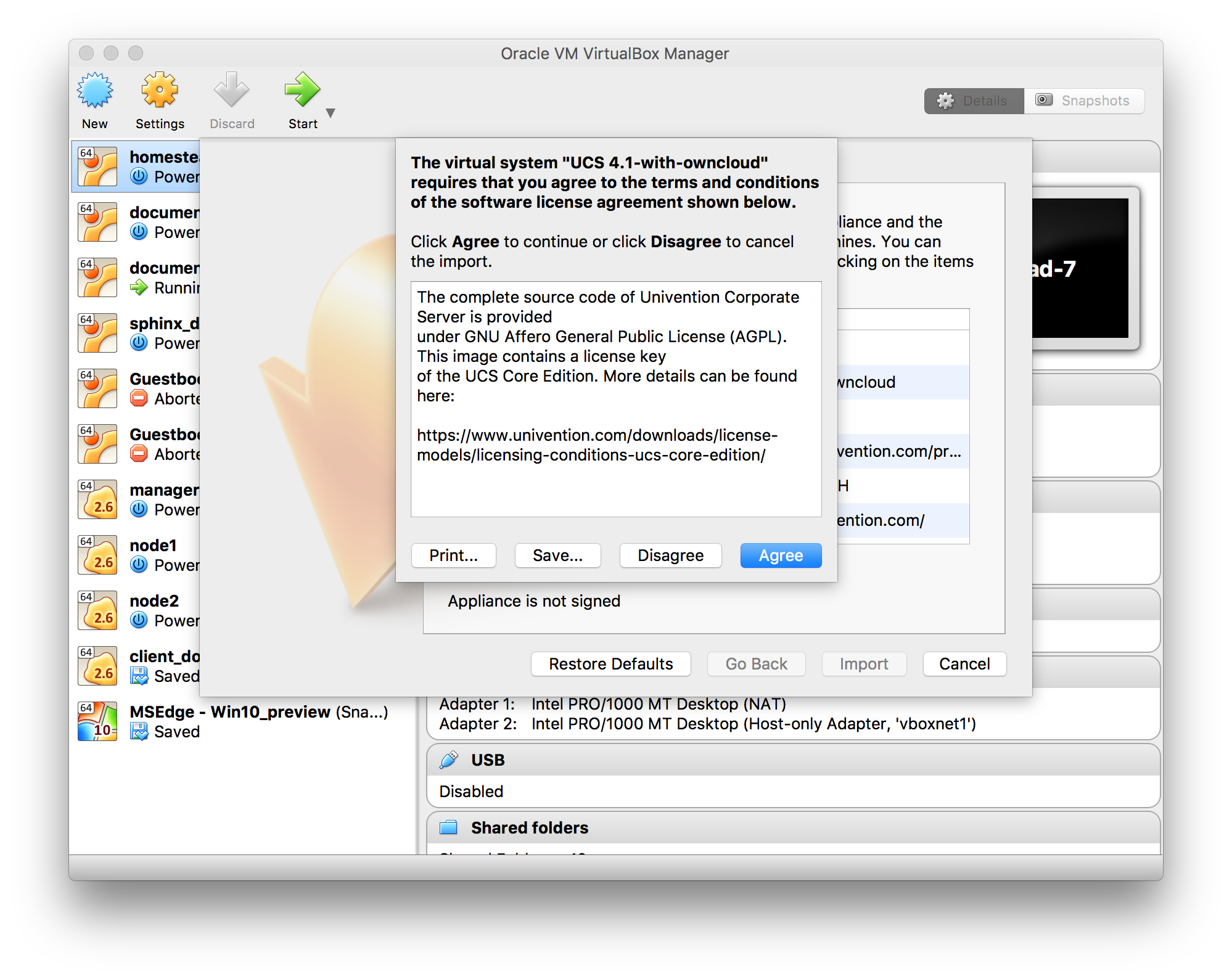 Importing the ownCloud X Trial Appliance OVA file into VirtualBox and accepting the software license agreement terms and conditions.