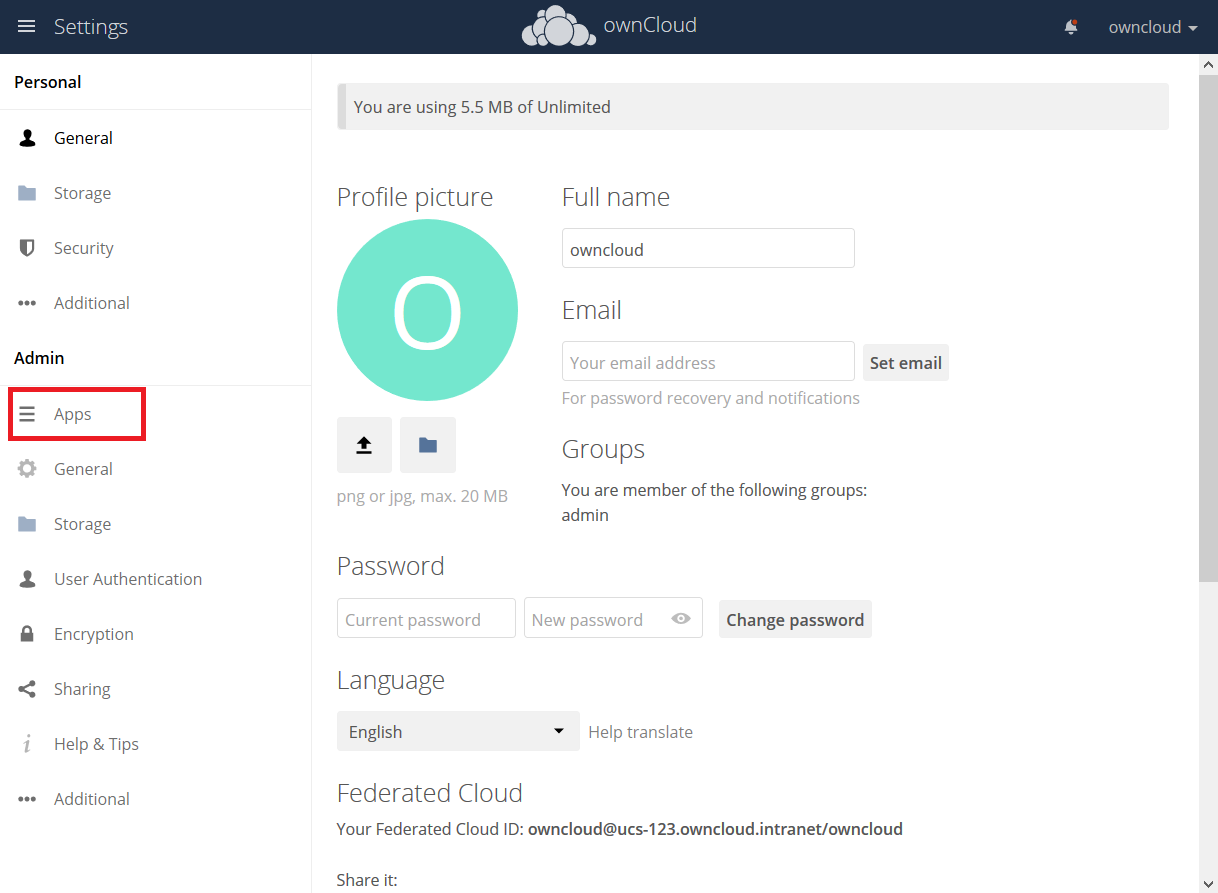 ownCloud Settings