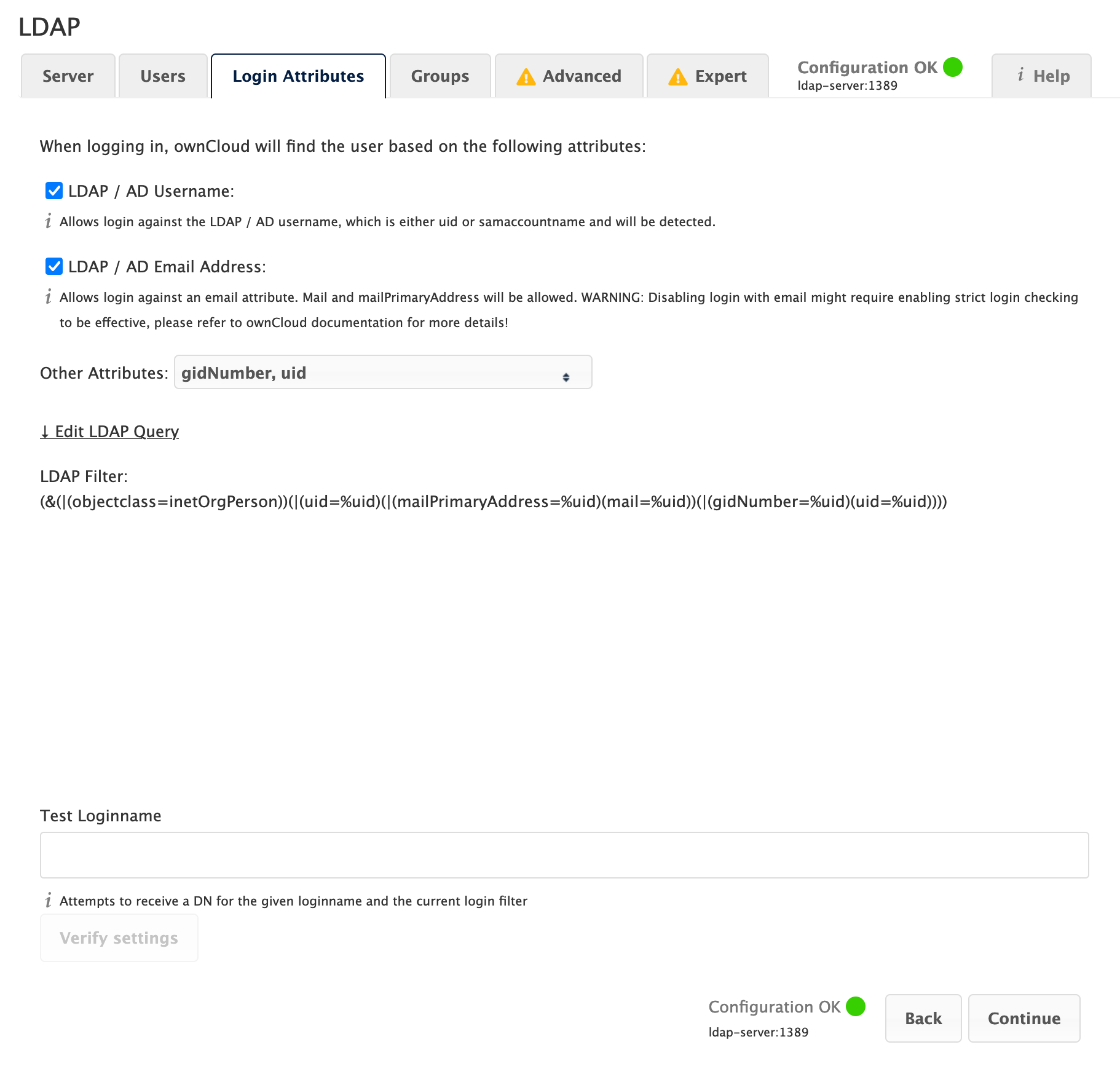 LDAP Wizard - Login Attributes Tab