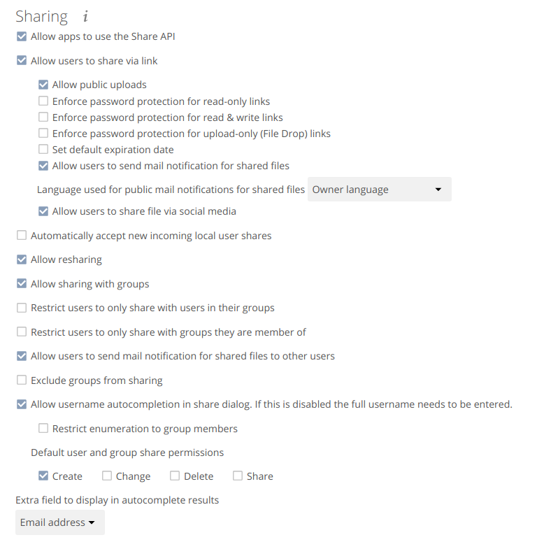 ownCloud Sharing settings