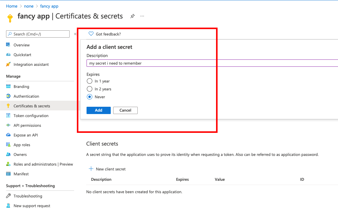 setup client secret ms azure ad