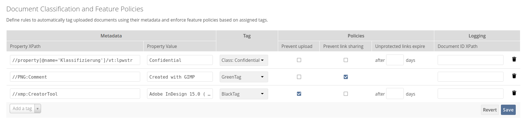 Document Classification and Feature Policies