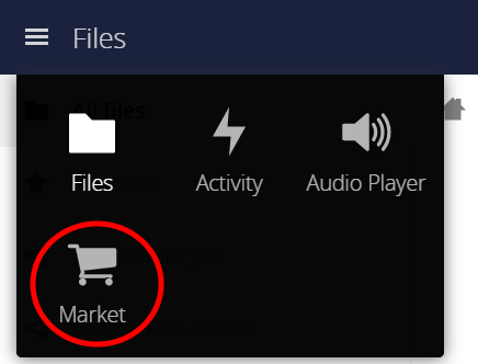 ownCloud top navigation menu showing the Market app