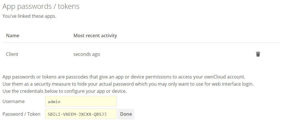 Managing app passwords and tokens in ownCloud