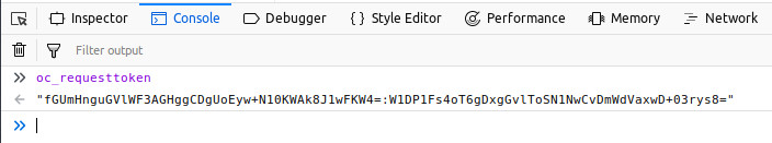 Display the ownCloud CSRF token loaded into the DOM in Firefox’s Developers Tools JavaScript Console.