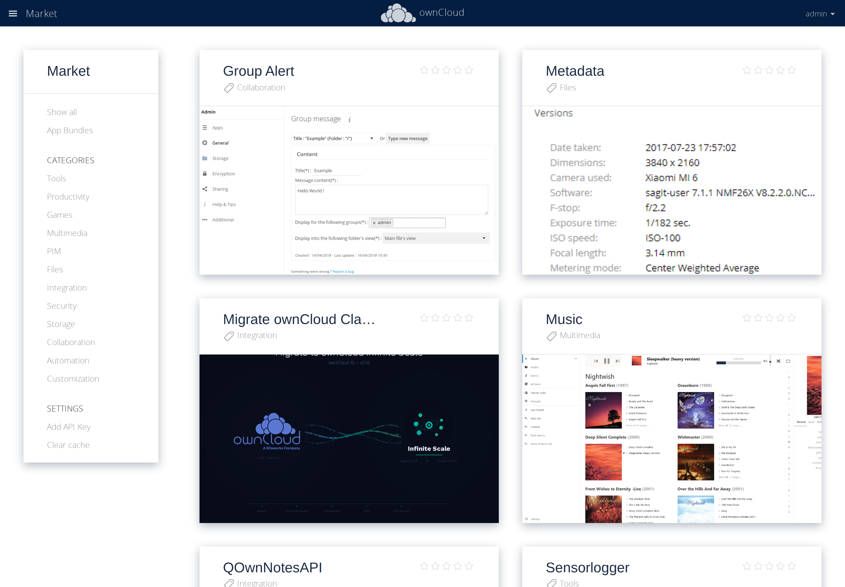 The Market app showing the ownCloud Marketplace catalog