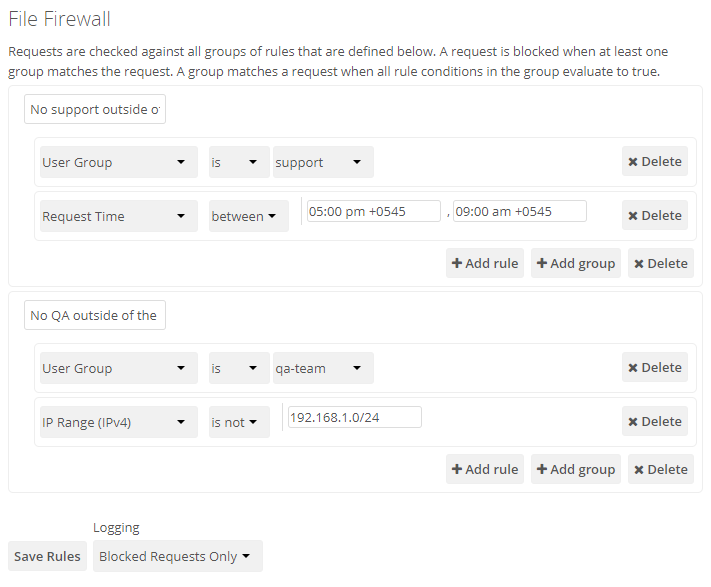 Figure 2: Two example rules that restrict logins per user group