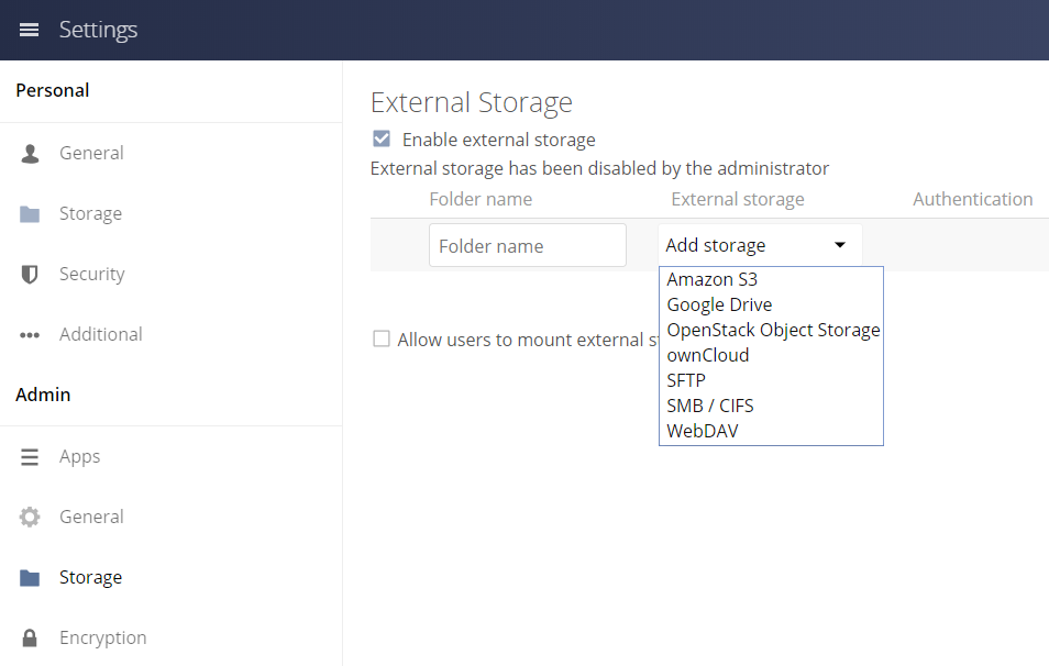 ownCloud External Storage Types