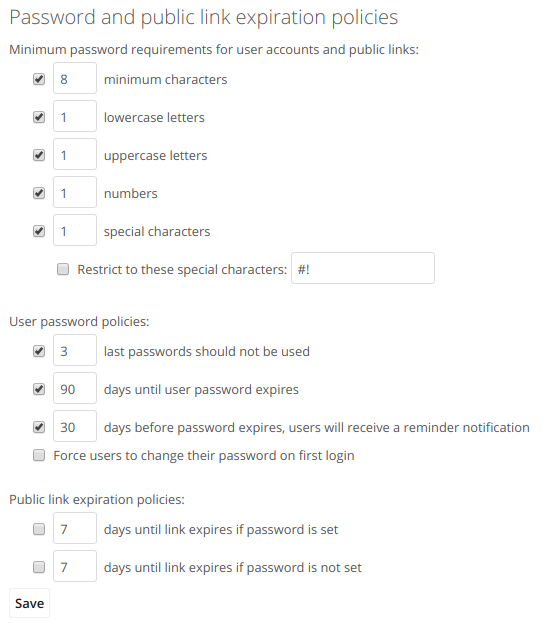 The ownCloud Password Policy app.