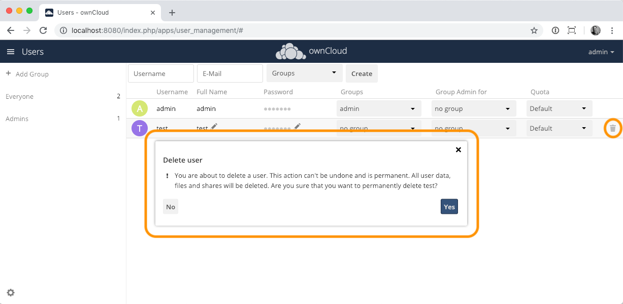 The ownCloud delete user confirmation dialog.