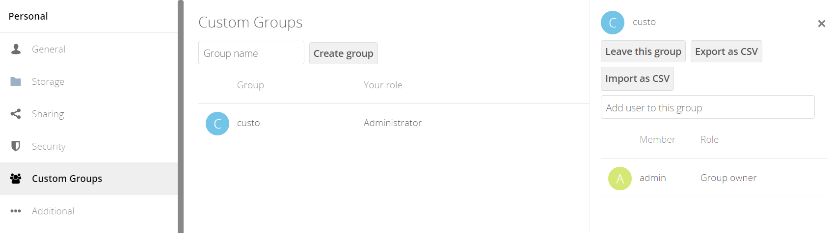 The Custom Groups administration panel